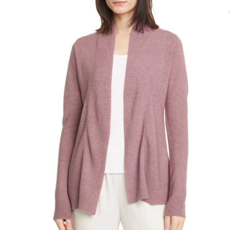 Eileen Fisher Tencel Silk Mauve Shaped Cardigan Sweater Ribbed
